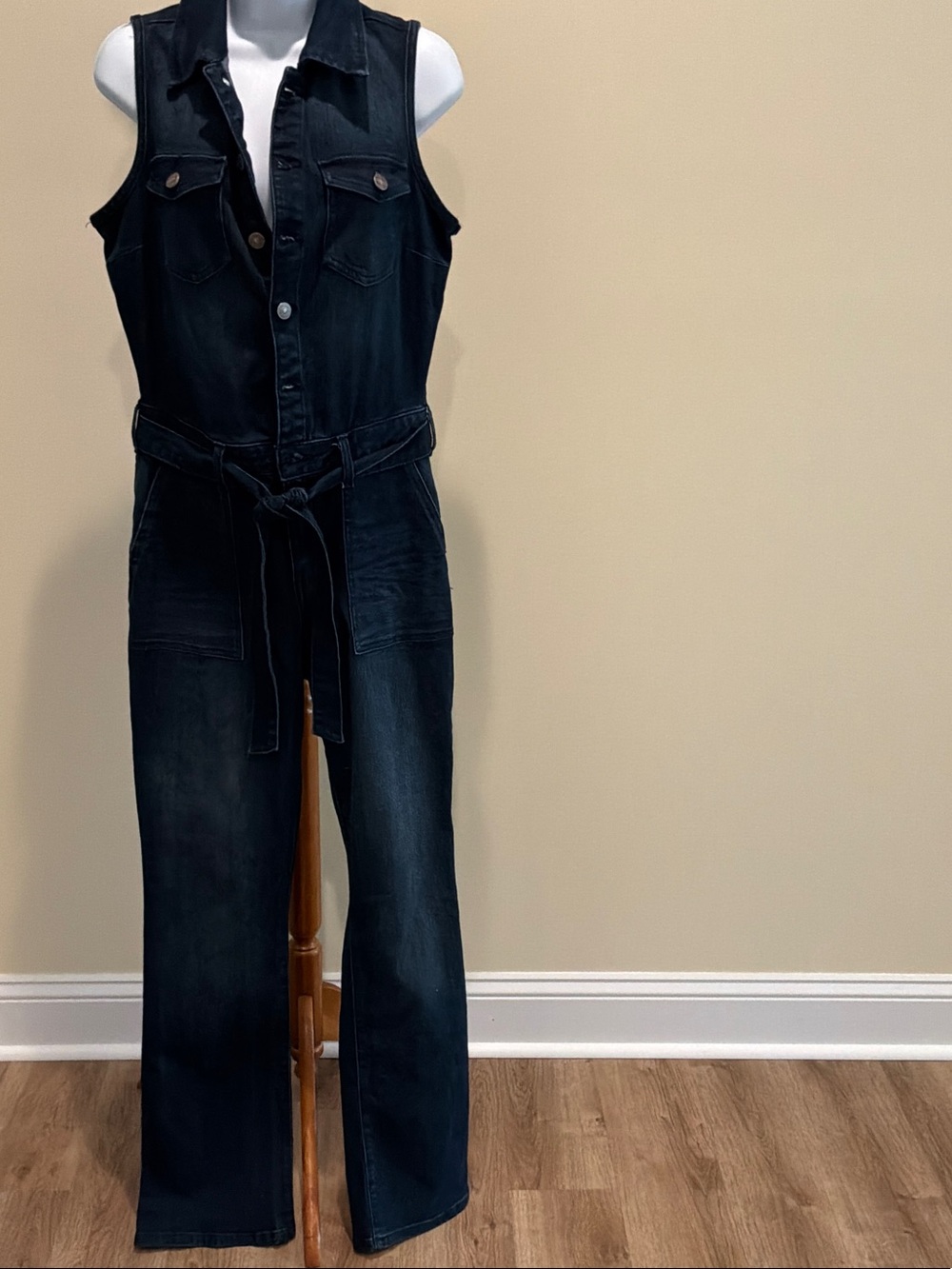 Rewash sleeveless dark wash denim women jumpsuit size M with tie belt